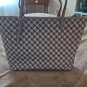 Tory Burch Gray and White Logo Patterned Tote